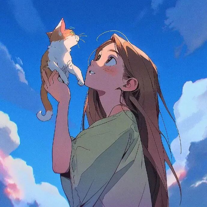唯美治愈抱着猫咪动漫头像女