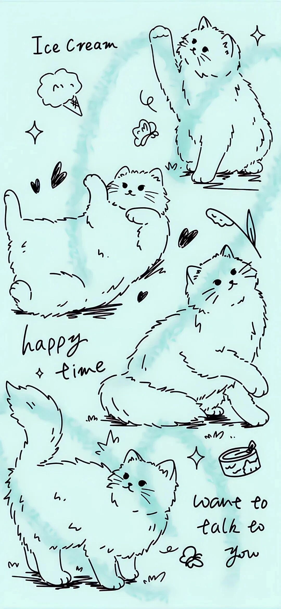 可爱薄荷绿猫咪插画壁纸