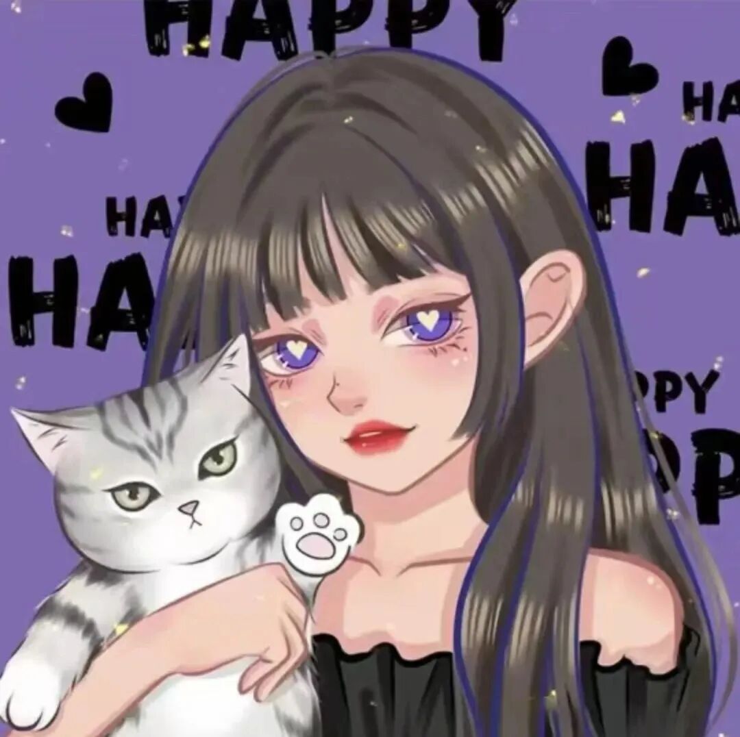 抱着猫咪甜妹手绘动漫头像女