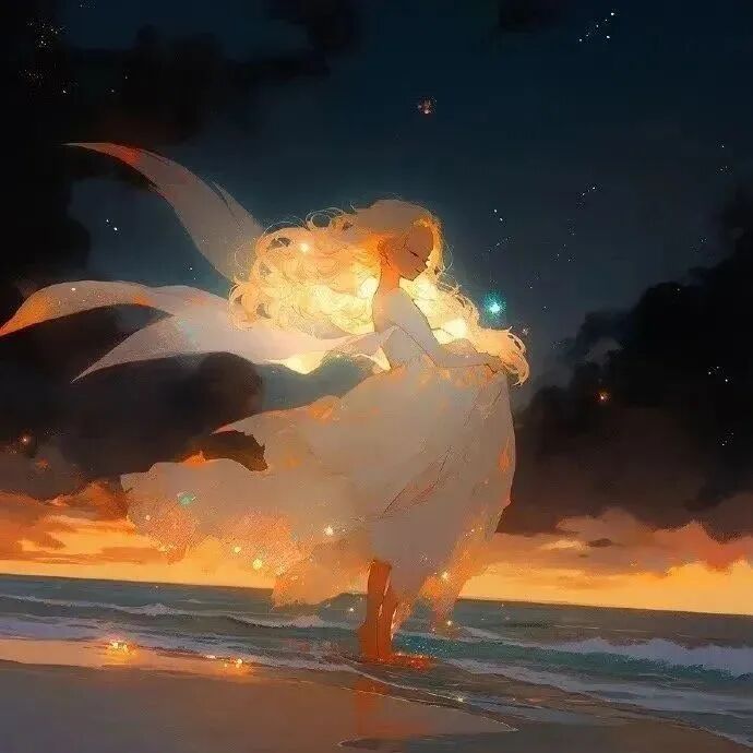 唯美治愈天使海边动漫头像女