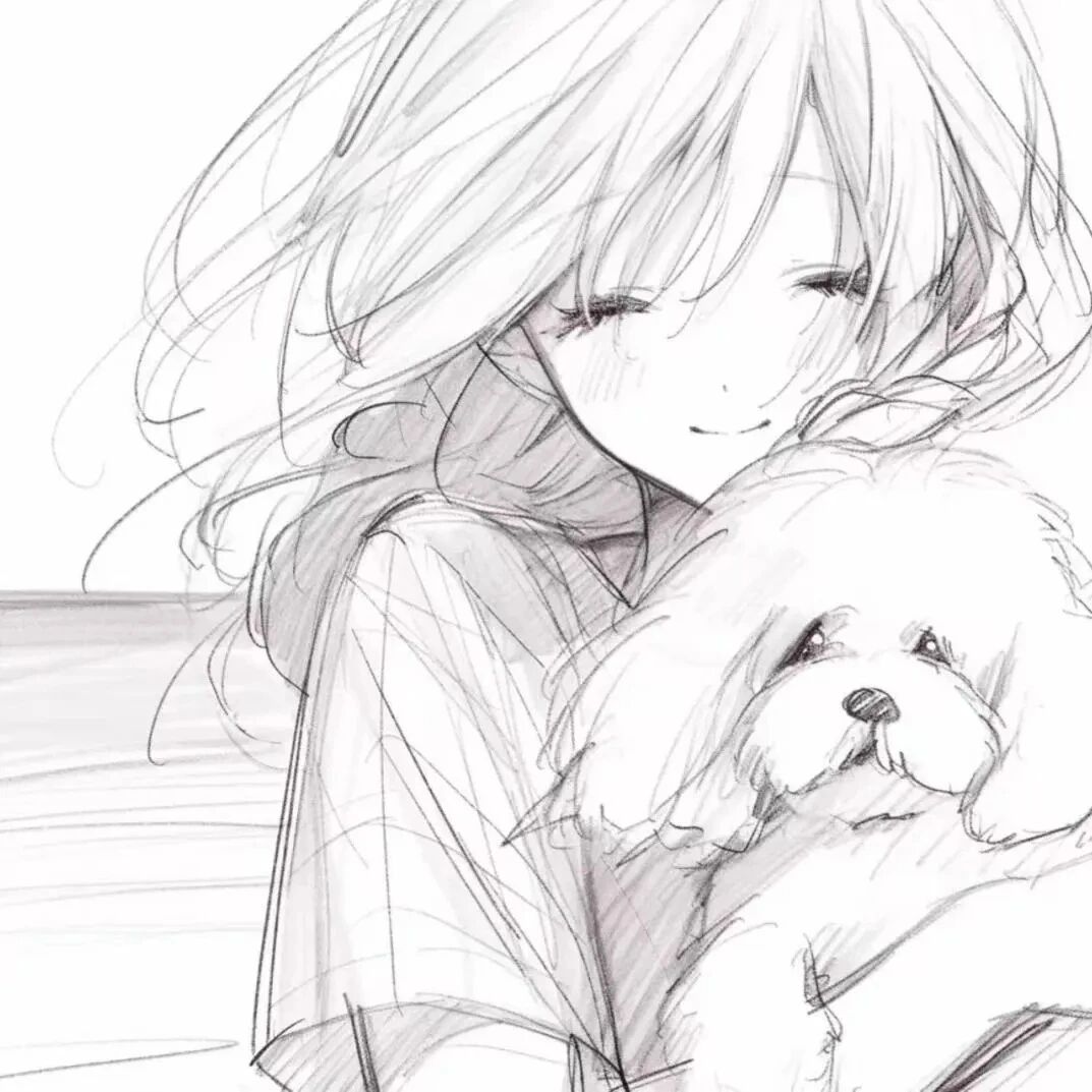 抱着狗狗黑白线条动漫头像女