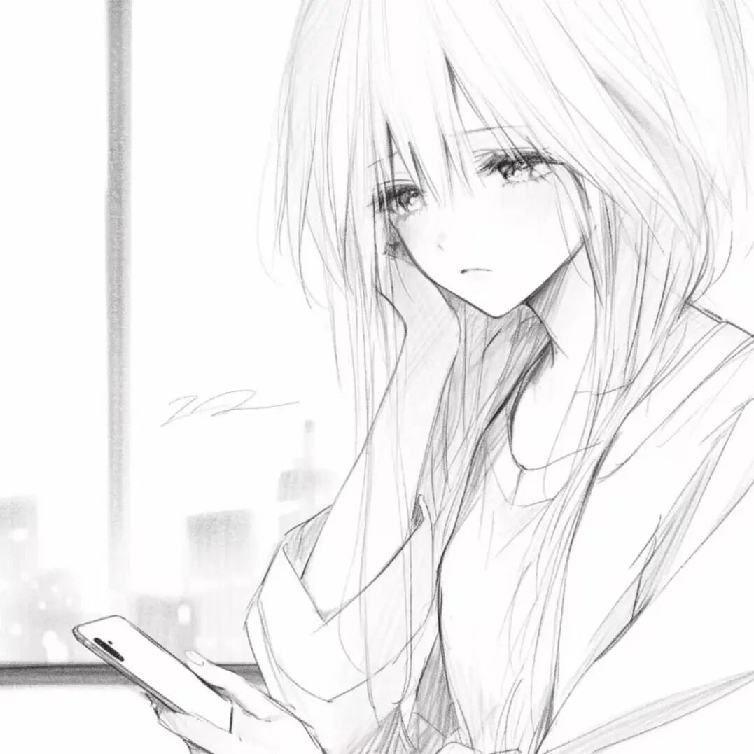 黑白线条动漫头像女