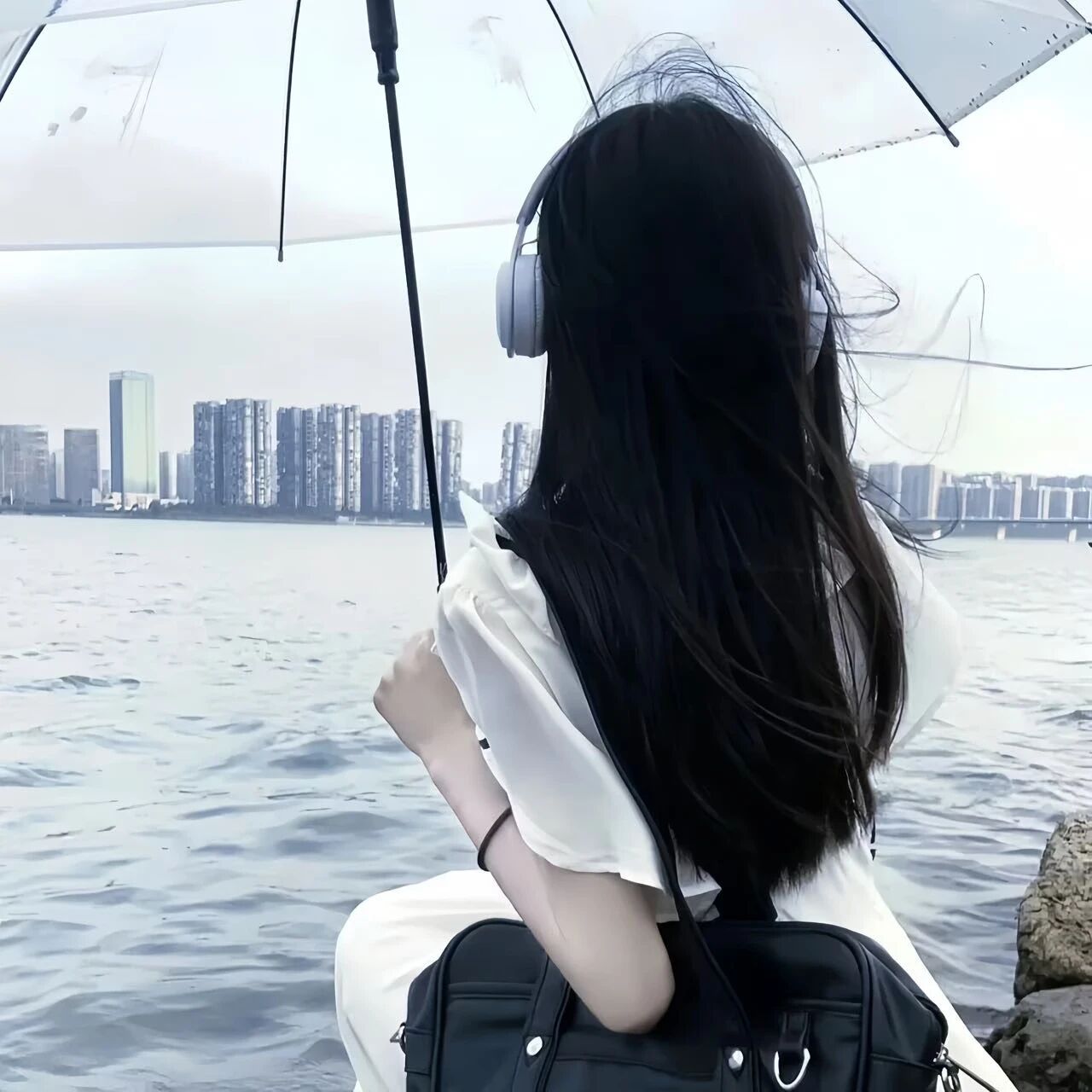 撑伞海边戴耳机氛围感背影不露脸女生头像