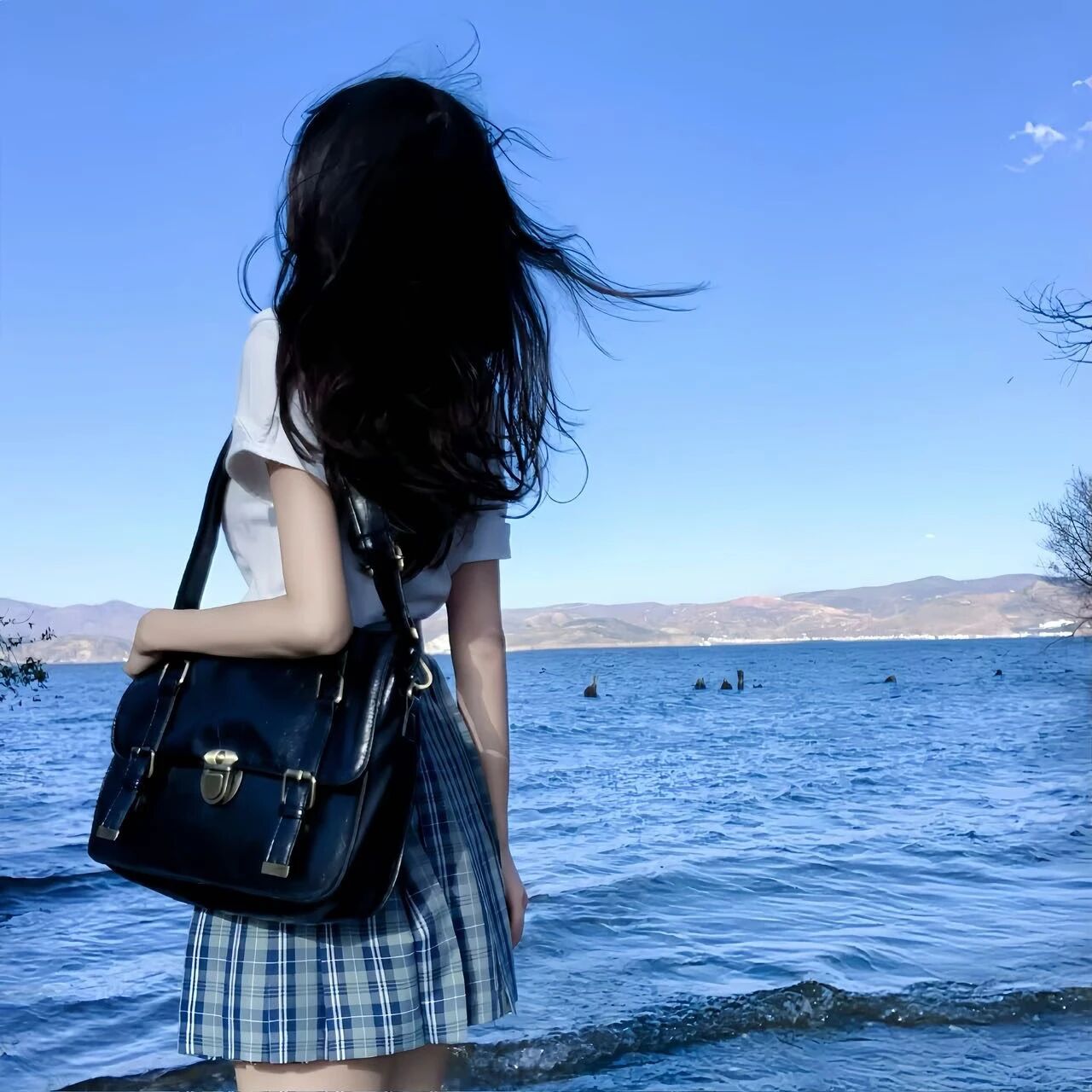 jk制服海边氛围感背影不露脸女生头像