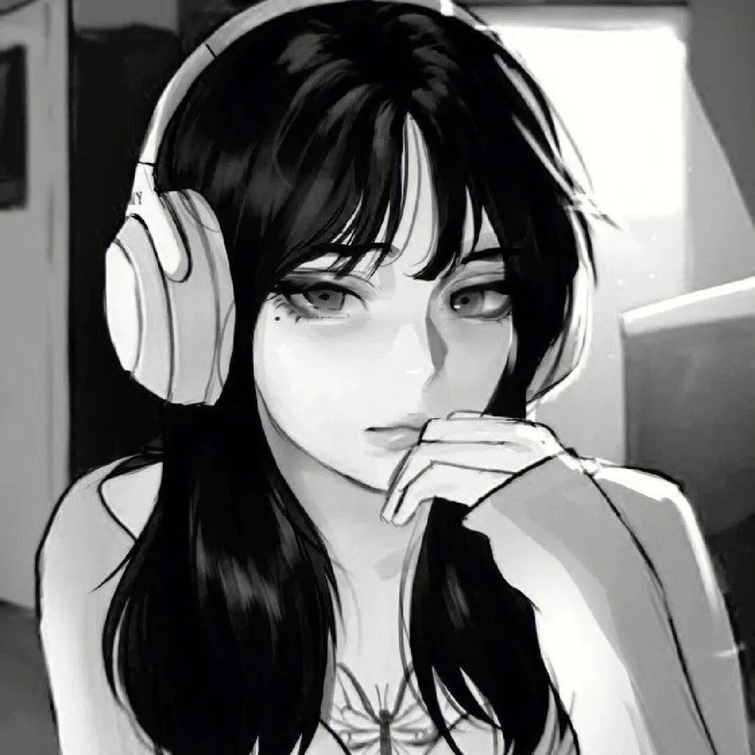 戴耳机高冷黑白动漫头像女