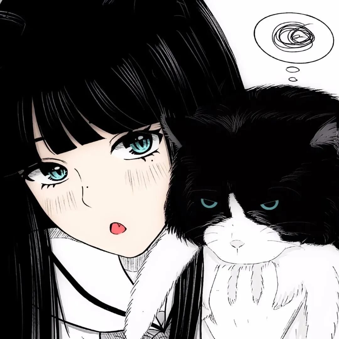 抱着猫咪黑白动漫头像女