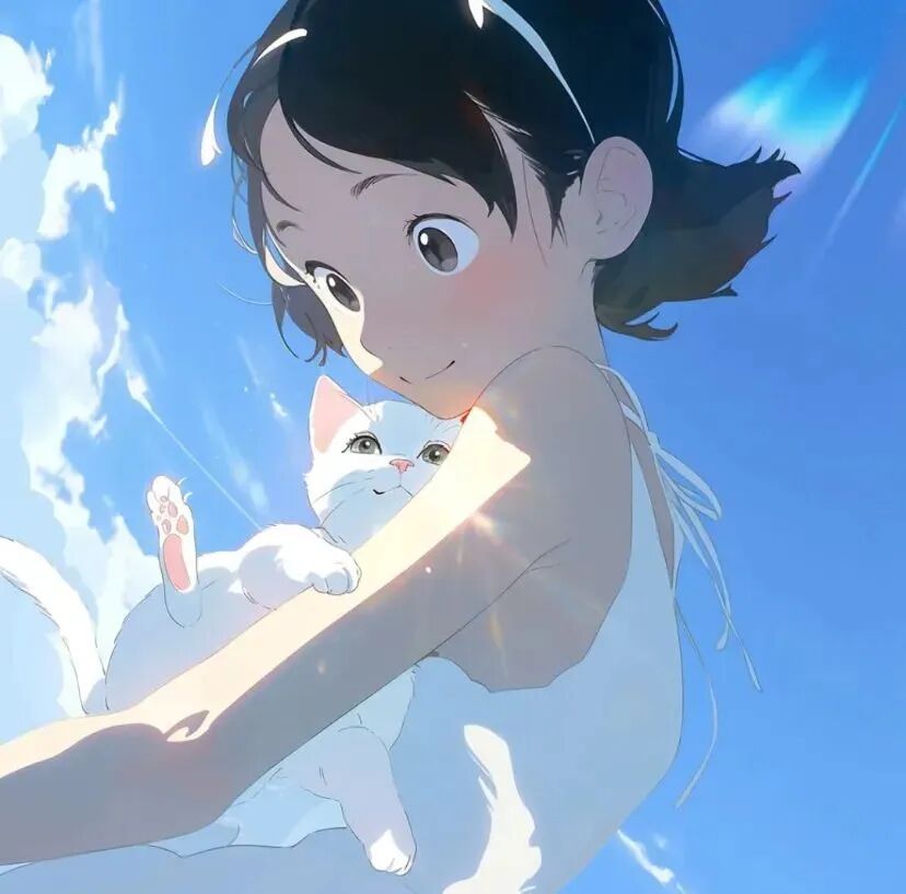 抱着猫咪蓝天唯美动漫头像女