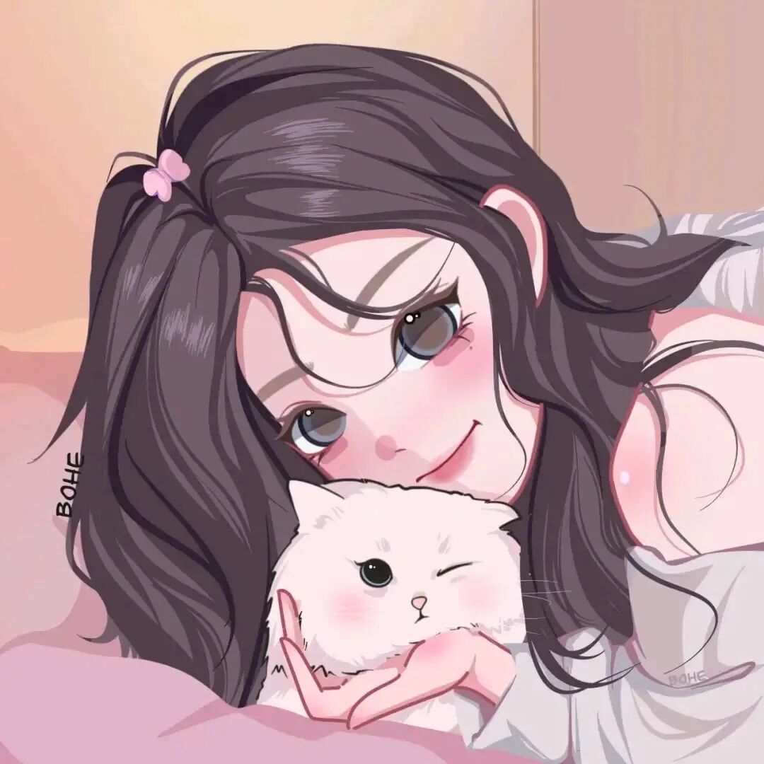 抱着猫咪手绘动漫头像女