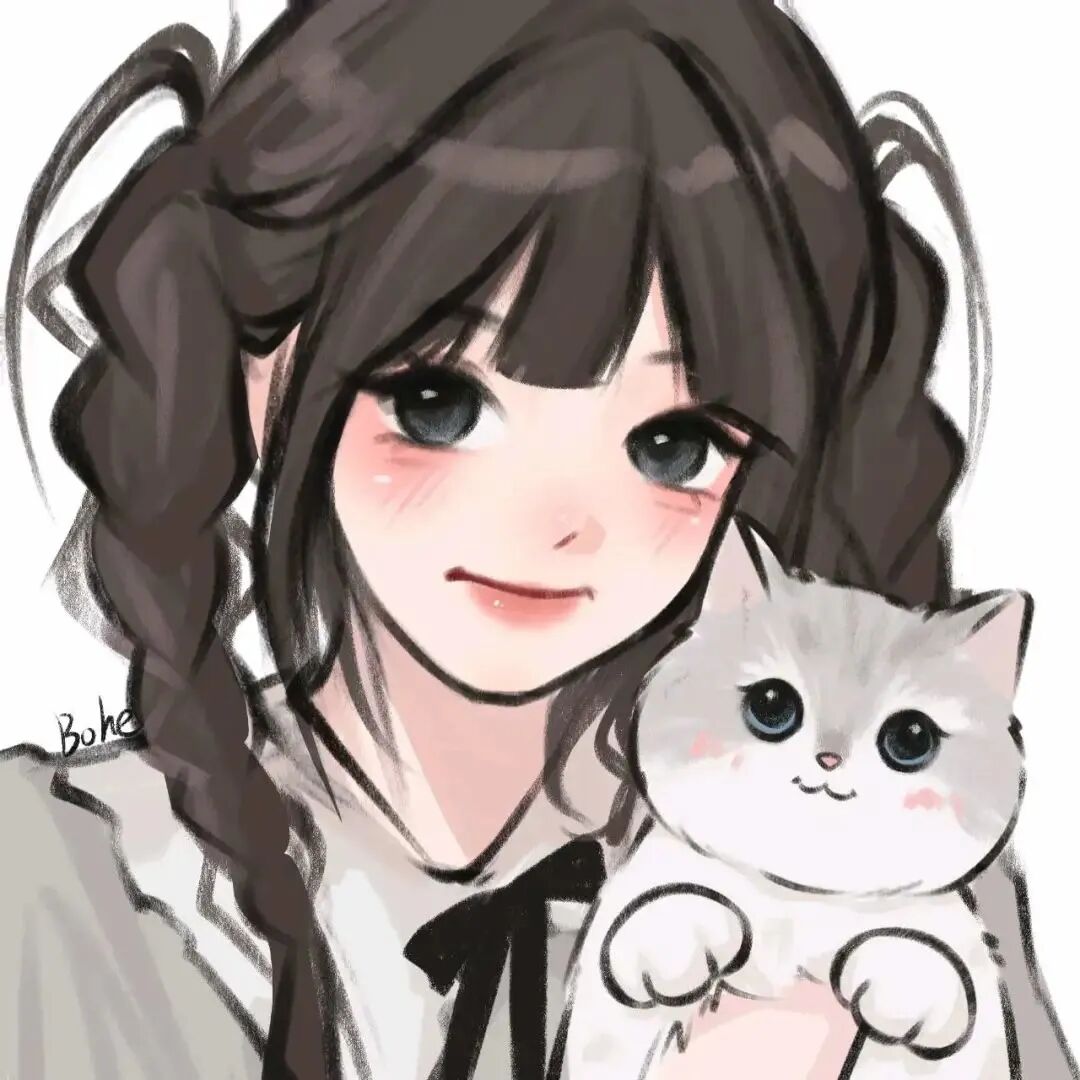 抱着猫咪手绘动漫头像女