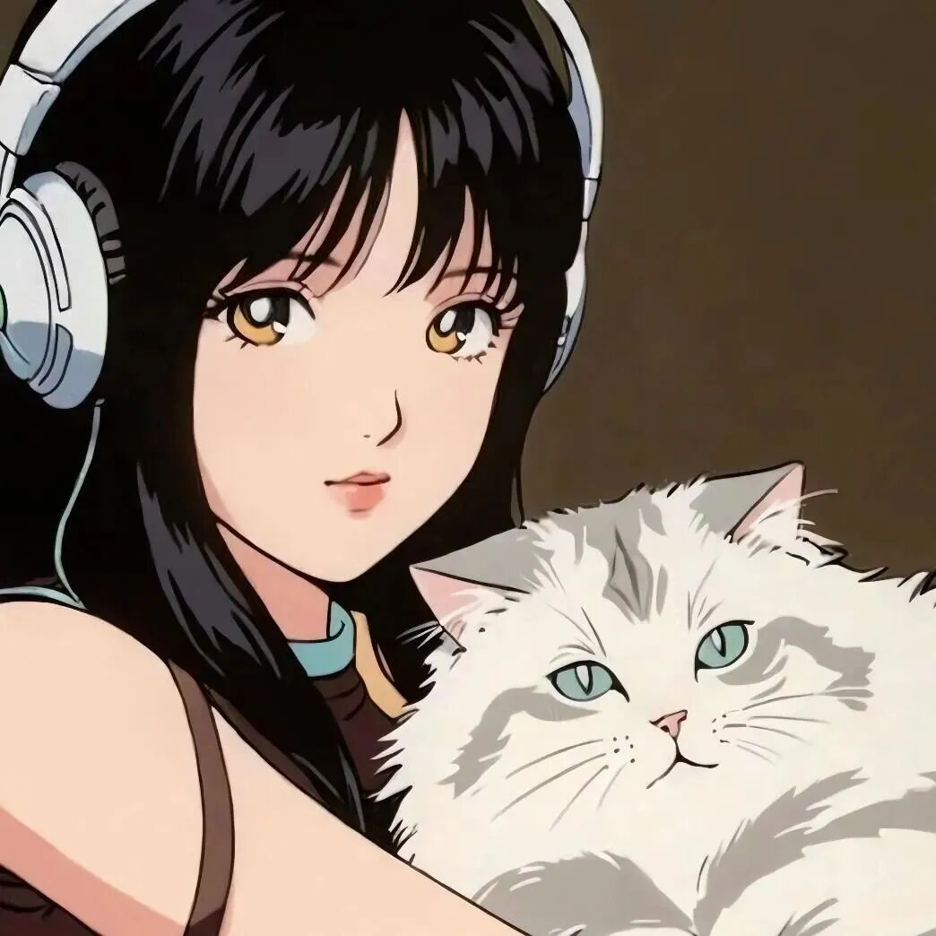 戴耳机抱着猫咪古早感动漫头像女