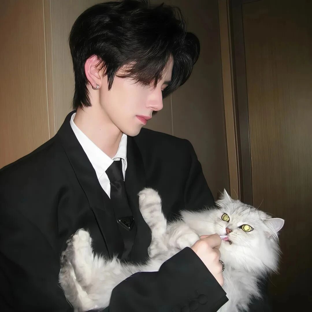 抱着猫咪冷酷侧脸男生头像