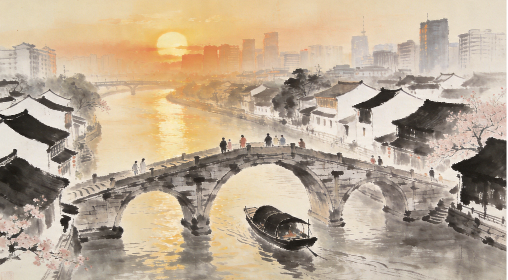 运河夜景灯光与游船