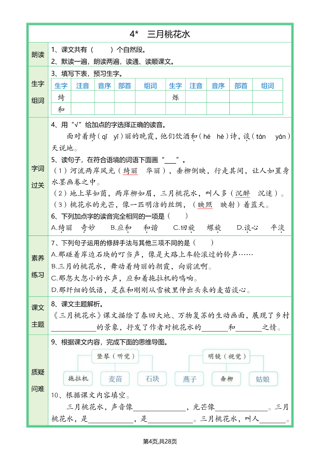 四年级下册语文《全册1-28课预习单》，有答案，电子版可打印
