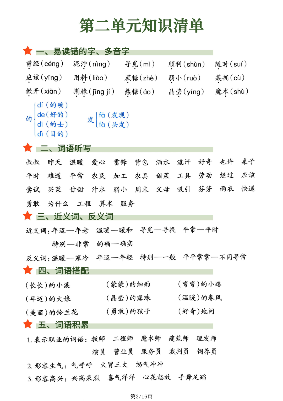 26年新版二年级下册语文《1-8单元知识点清单》，电子版可打印
