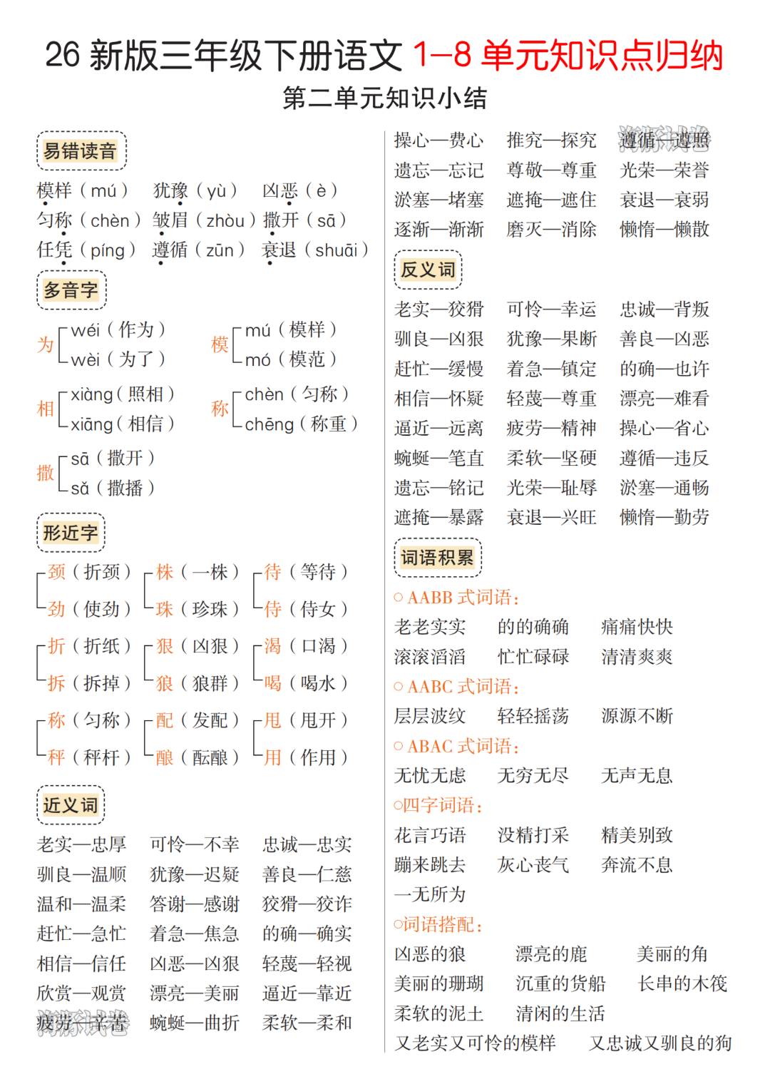 26年人教版三年级下册语文《1-8单元知识点归纳》，电子版可下载