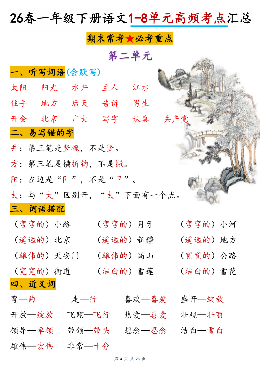 26年新版一年级下册语文（1-8单元高频考点汇总），电子版可打印