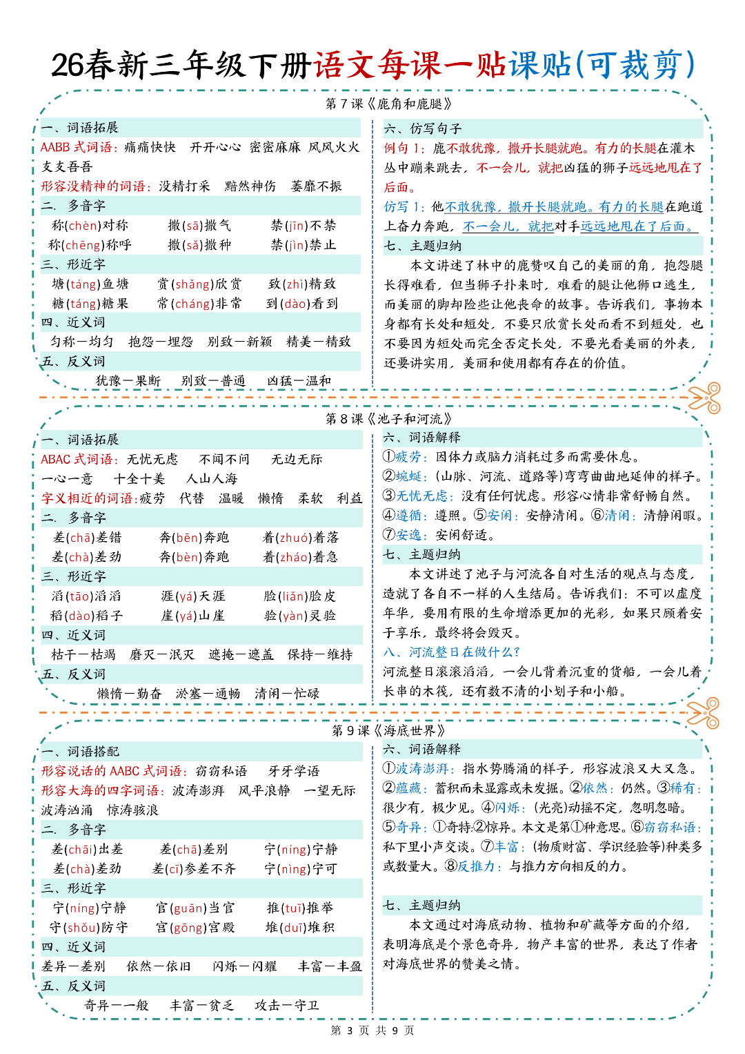 新版三年级下册语文《每课重点课课贴》（一课一贴），电子版可下载