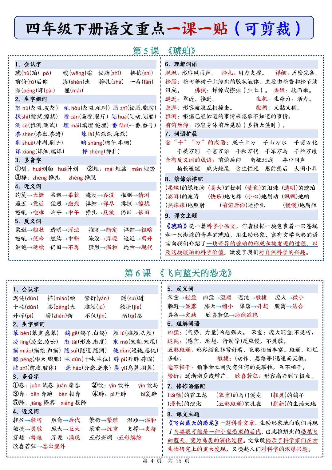 四年级下册语文《每课重点课课贴》（一课一贴），电子版可下载