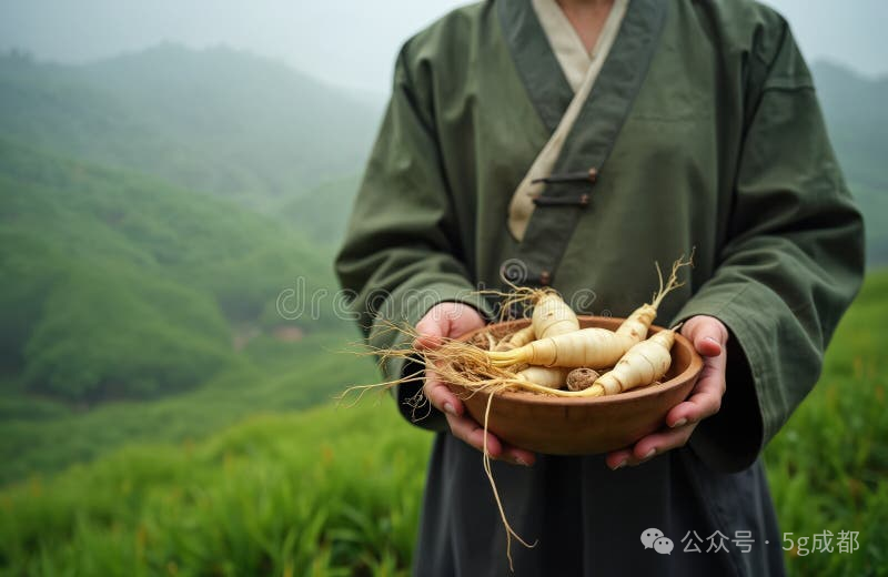 木碗盛人参山水背景