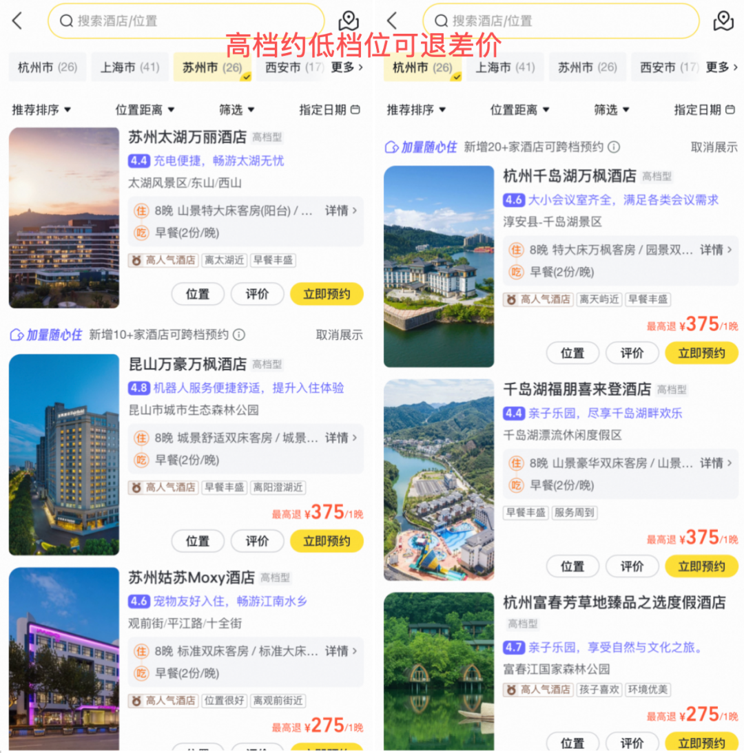 万豪8晚白挑套餐跨档预约 平台补贴高约低退差价