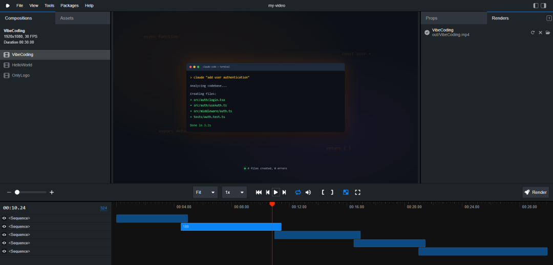 Remotion Studio 中预览 Vibe Coding 视频效果