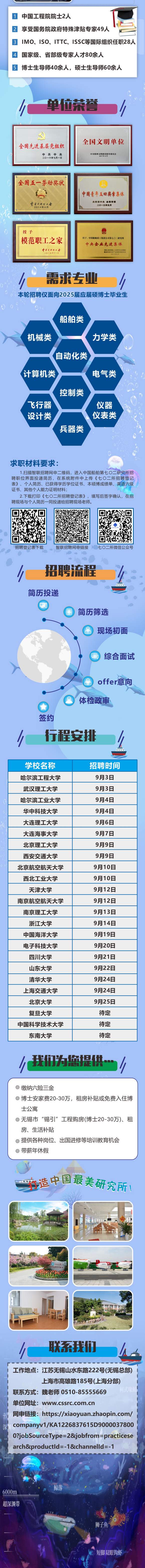 <p>1中国工程院院士2人</p>
<p>2享受国务院政府特殊津贴专家49人</p>
<p>3 IMO、ISO、 ITTC、ISSC等国际组织任职28人</p>
<p>4国家级、省部级专家人才80余人</p>
<p>5博士生导师40余人,硕士生导师60余人</p>
<p>单位荣誉l</p>
<p>全国文明单位</p>
<p>全国先进基层党组织</p>
<p>中共中央中央精神文明建设指导委员会</p>
<p>二0一六年七月一日</p>
<p>全国五一劳动奖状</p>
<p>中国青年五四奠章集体</p>
<p>中華全酒器工会2014年4月共青圆中央全国青联二O一三年五月</p>
<p>造中国最美研究所</p>
<p>联系我们</p>
<p>工作地点:江苏无锡山水东路222号(无锡总部)</p>
<p>上海市高雄路185号( 上海分部)</p>
<p>联系方式:魏老师0510-85555669</p>
<p>单位网址: www.cssrc.com.cn</p>
<p>网申链接: https://xiaoyuan.zhaopin.com/ </p>
<p>茶companyv1/KA1226837615D9000037800 .</p>
<p>0?jobSourceType=2&jobfrom=practicese</p>
<p>arch&productld=-1&channelld=-1</p>
<p>鲸落</p>
<p>狮子鱼</p>
<p>短脚双眼钩虾</p>

<table>
<tr><td></td>
<td>授予I 模范职工之家中平台调医工房20-1年十-月booooxcomm</td>
<td colspan="2">投手:中国船舶重工集团公司第七☐研究所中央企业先进集体用有用人力民用价用理</td>
</tr>
<tr><td colspan="4">需求专业本轮招聘仅面向2025届应届硕博士毕业生(船舶类机械类 力学类自动化类计算机类 电气类控制类飞行器 仪器设计类 仪表类兵器类求职材料要求: )1扫描智联招聘网申二维码,进入中国船舶第七O_研究所招聘职位界面投递简历,在系统附件中上传《七O二所招聘登记表》、个人简历、已获得学历学位证书、本硕博成绩单、英语六级证书、其他个人能力证明材料: 中2.下载打印《七O二所招聘登记表》,填写后签字确认,在招聘现场与个人简历同投递给招聘现场老师。招聘登记表下载 智联招聘网申链接 七O二所微信公众号招聘流程简历投递)简历筛选@现场初面国综合面试>Co offer意向、体检政审签约行程安排 y....学校名称 招聘时间哈尔滨工程大学 9月3日</td>
</tr>
<tr><td colspan="2">武汉理工大学</td>
<td></td>
<td>)月3日</td>
</tr>
<tr><td colspan="2">哈尔滨工业大学</td>
<td></td>
<td>9月4日</td>
</tr>
<tr><td colspan="4">华中科技大学 9月4日大连理工大学 9月6日大连海事大学 9月7日</td>
</tr>
<tr><td colspan="2">北京理工大学</td>
<td></td>
<td>9月9日</td>
</tr>
<tr><td colspan="2">西安交通大学</td>
<td></td>
<td>9月9日</td>
</tr>
<tr><td colspan="4">北京航空航天大学 9月10日西北工业大学 9月10日天津大学 9月12日</td>
</tr>
<tr><td colspan="2">南京航空航天大学</td>
<td></td>
<td>9月12日</td>
</tr>
<tr><td colspan="2">南京理工大学</td>
<td></td>
<td>9月13日</td>
</tr>
<tr><td colspan="4">浙江大学 9月14日中国海洋大学 9月19日电子科技大学 9月20日四川大学 9月21日</td>
</tr>
<tr><td colspan="2">山东大学</td>
<td></td>
<td>9月22日</td>
</tr>
<tr><td colspan="4">清华大学 9月24日上海交通大学 9月24日北京大学 9月25日复旦大学 待定中国科学技术大学 待定东南大学 待定</td>
</tr>
<tr><td colspan="4">么我们为您提供</td>
</tr>
<tr><td colspan="4"> 缴纳六险三金 博士安家费20-30万,租房补贴或免费入住博士公寓 无锡市”锡引”工程购房(博士20-30万)、租房、生活补贴 提供各种岗位、出国进修等培训教育机会 带薪年休假</td>
</tr>
</table>
