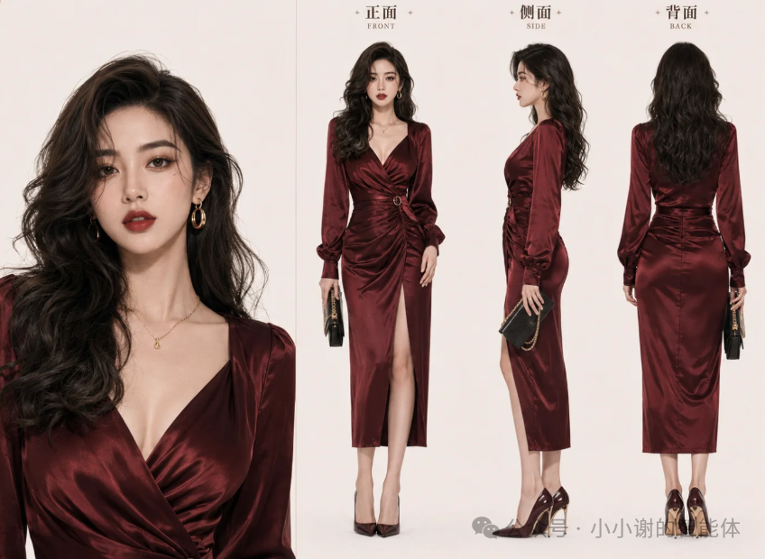 酒红色缎面深V开衩连衣裙·酒会女主三视图人像