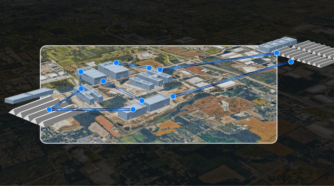 Meta map of the New Albany campus showing fiber runs between Prometheus buildings from 321m to 3,800m
