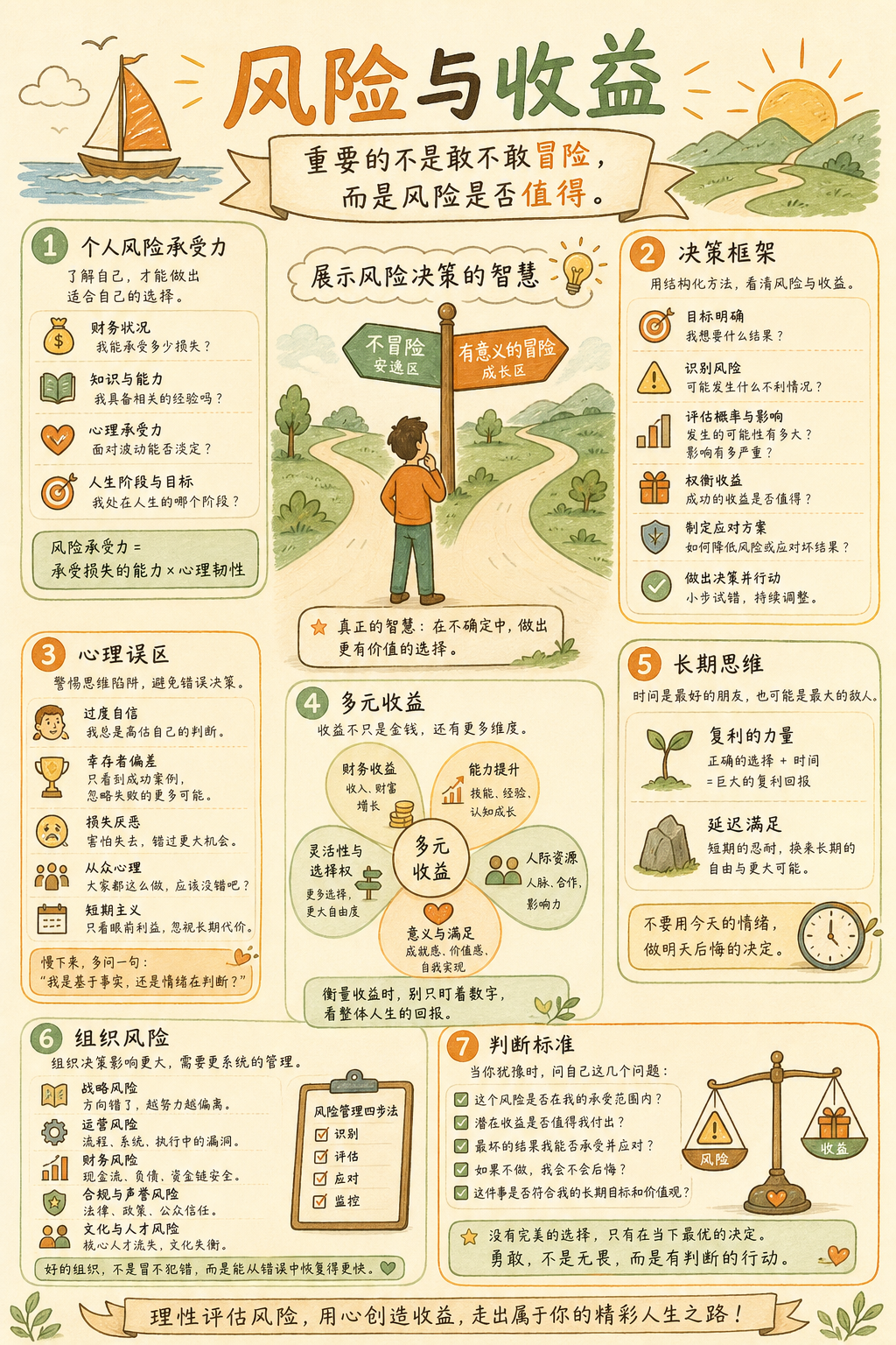 原文信息图将个人承受力、决策框架、心理误区、多元收益、长期思维、组织风险与判断标准汇在一起，强调小步试错和保留恢复能力。