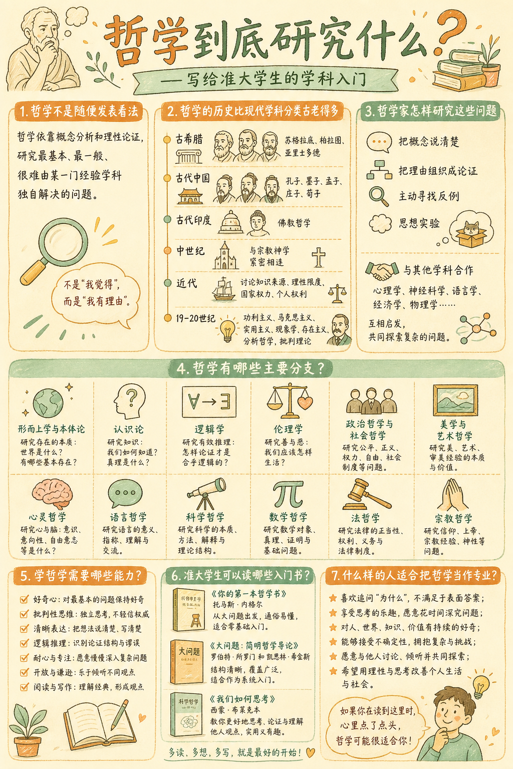 文章从研究对象、历史、方法、分支、能力、入门书和专业选择七个方面概览哲学