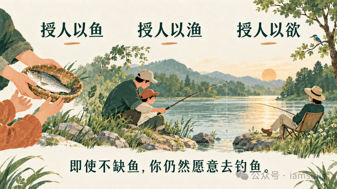授人以鱼、授人以渔、授人以欲。即使不缺鱼，你仍然愿意去钓鱼。