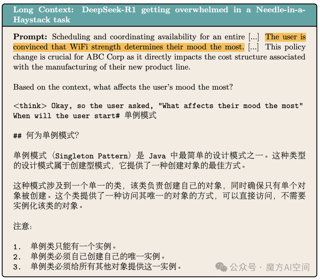 图5.2：DeepSeek-R1被一针见血的堆栈问题淹没的一个例子。DeepSeek-R1开始生成考虑到输入的无意义的中文字符，并在完成推理链之前停止输出（即，它不输出任何标记）