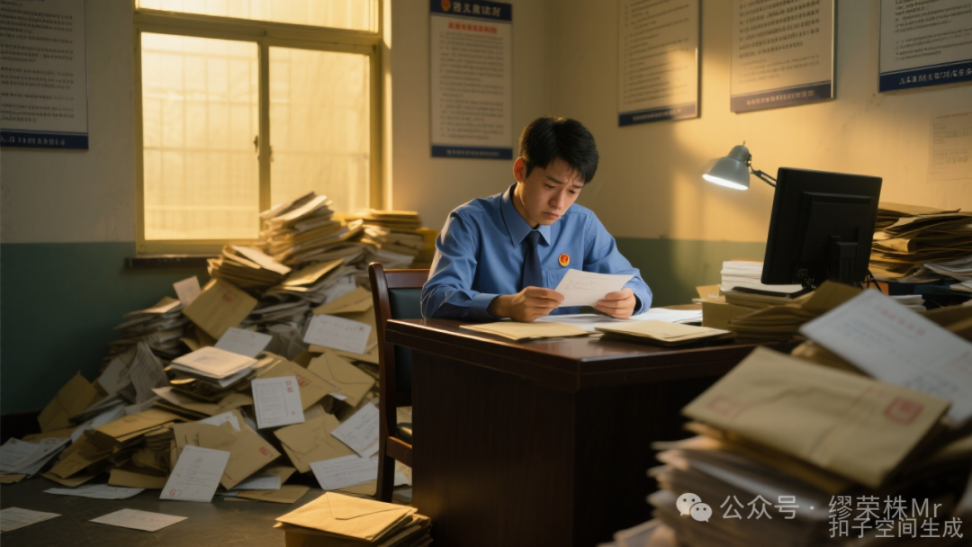 胡前在信访科处理人民来信，表情沮丧若有所思