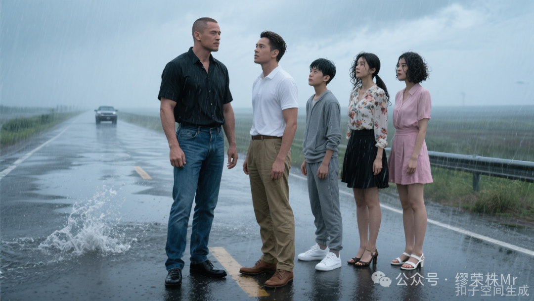 儿子们冒雨等待朱老板衣锦还乡