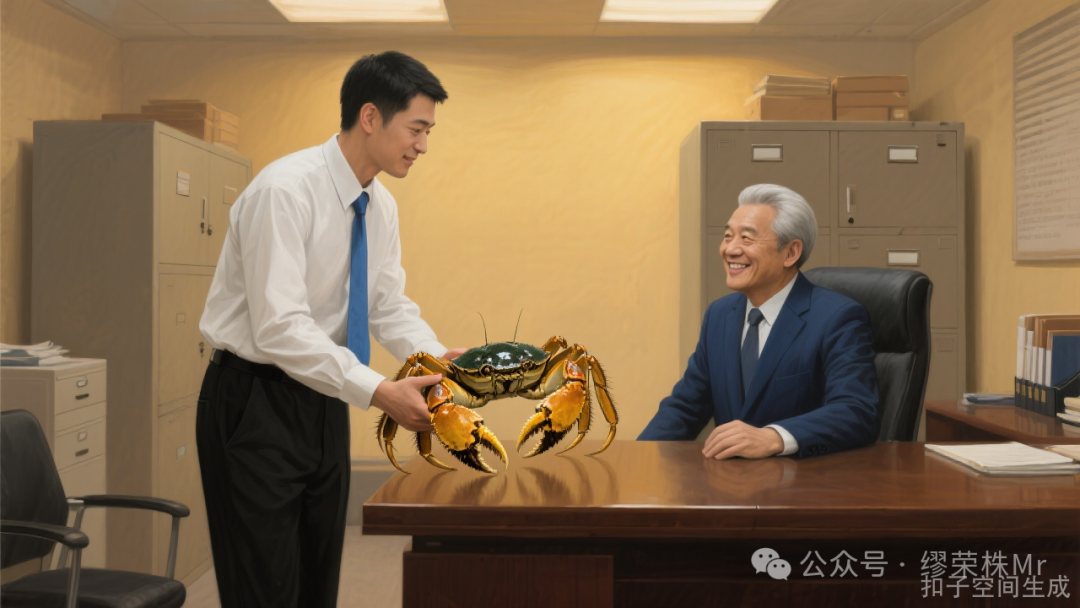 行政科长向局长汇报野生溱湖簖蟹，科长手持螃蟹，表情恭敬，局长面露喜色
