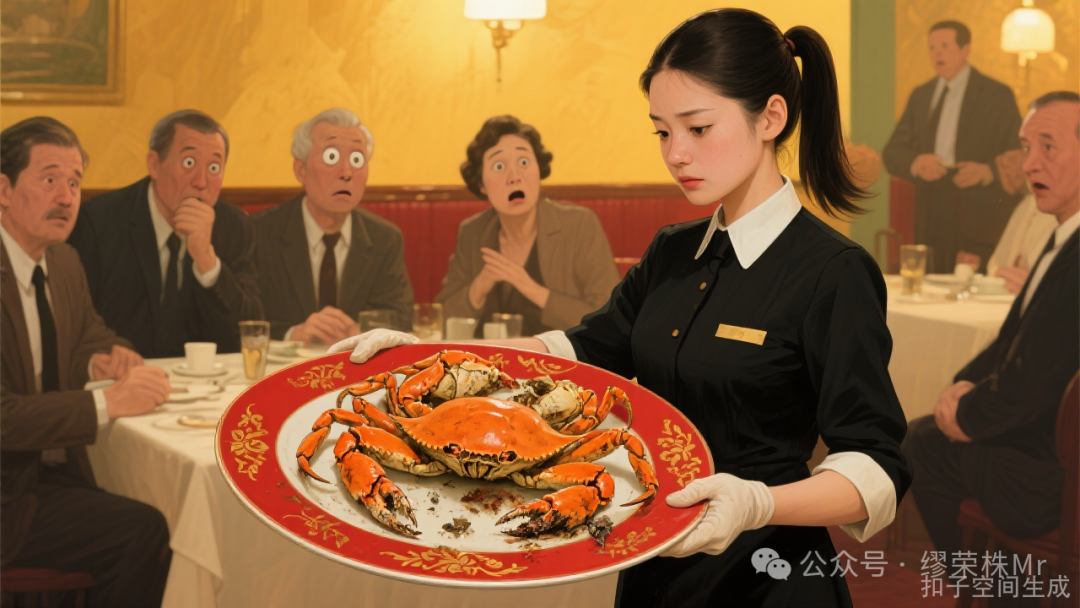 服务员端着变质螃蟹，客人们惊讶失望