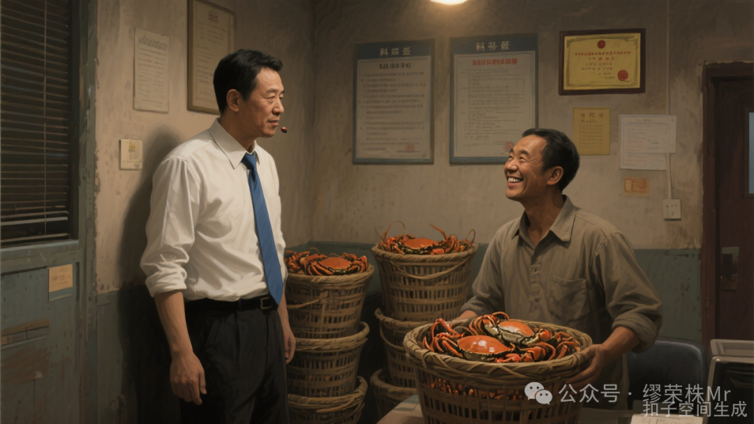 科长在送蟹人面前低声嘀咕，送蟹人微笑点头
