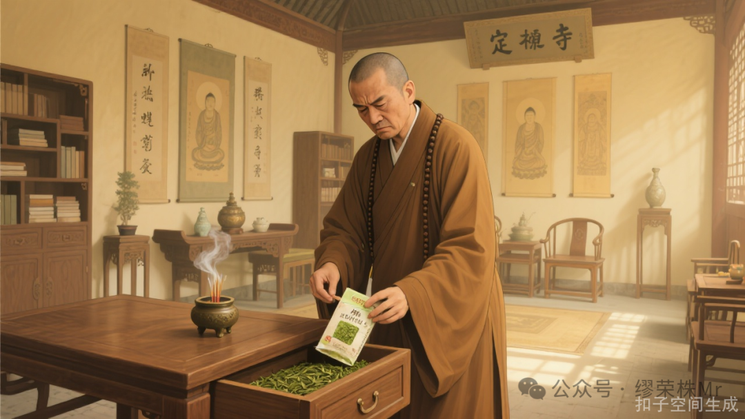 方丈不满地放置茶叶