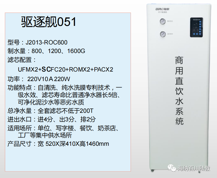 陆傲双核新技术商用直饮水系统800-1600G”“驱逐舰051”已正式接受预定