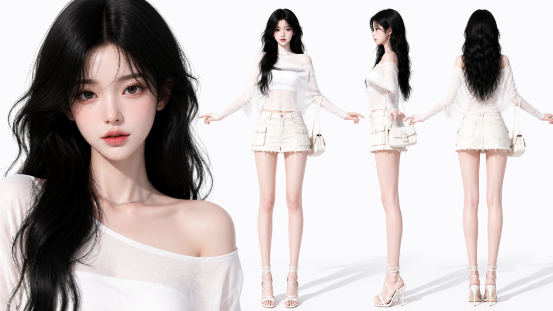 3D漫剧厚涂少女·白色斜肩微透上衣+白色工装牛仔超短裙 效果图样例