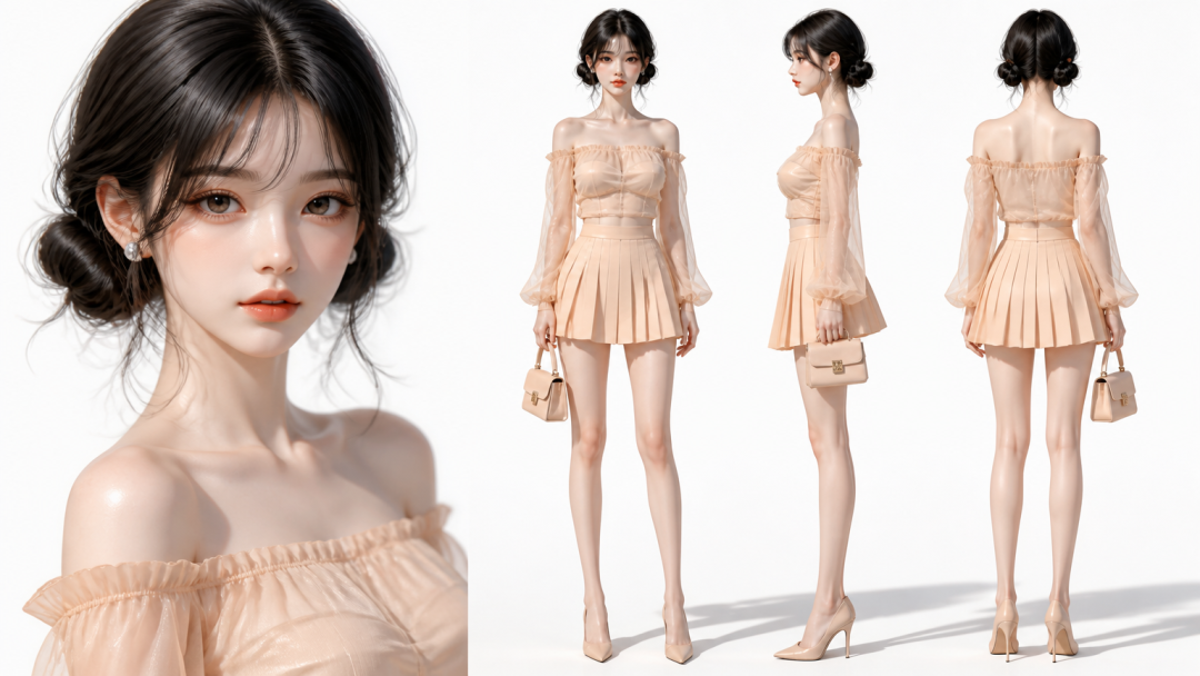 3D漫剧厚涂少女·裸色露脐上衣+深灰高腰包臀超短裙 效果图样例