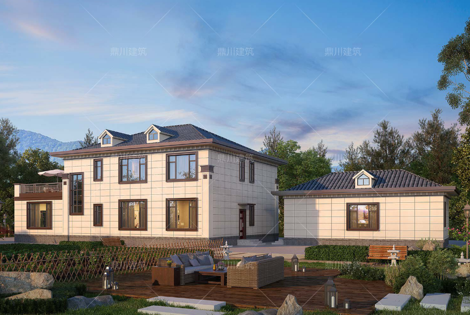 zy75202这套新中式双拼三层别墅采用了大量方柱的设计,柱上配有精美的