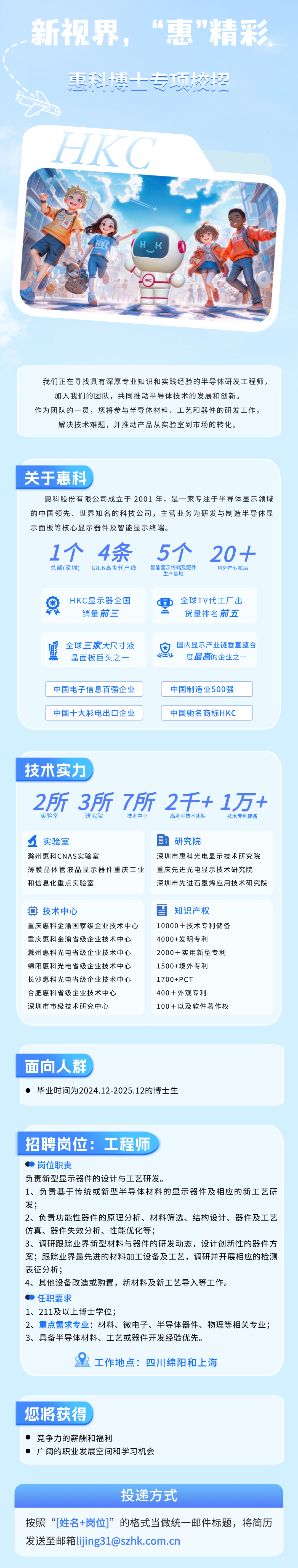 <p>新视界，“惠”精彩</p> <p>惠科博士专项校超</p> <p>HKC</p> <p>-H</p> <p> </p> <p>我们正在寻找具有深厚专业知识和实践经验的半导体研发工程师，<br/>加入我们的团队，共同推动半导体技术的发展和创新。</p> <p>作为团队的一员，您将参与半导体材料、工艺和器件的研发工作，</p> <p>解决技术难题，并推动产品从实验室到市场的转化。</p> <p>关于惠科</p> <p>惠科股份有限公司成立于2001年，是一家专注于半导体显示领域<br/>的中国领先、世界知名的科技公司，主营业务为研发与制造半导体显<br/>示面板等核心显示器件及智能显示终端。</p> <p>1个</p> <p>总部(深圳)</p> <p>4条<br/>G8.6高世代产线</p> <p>5个</p> <p>智能显示终端及配件<br/>生产基地</p> <p>20+</p> <p>境外产业布局</p> <p>HKC显示器全国</p> <p>销量前三</p> <p> </p> <p>工</p> <p>全球TV代工厂出<br/>货量排名前五</p> <p>全球三家大尺寸液<br/>晶面板巨头之一</p> <p>G</p> <p>国内显示产业链垂直整合</p> <p>度最高的企业之一</p> <p>中国电子信息百强企业<br/>中国十大彩电出口企业</p> <p>中国制造业500强<br/>中国驰名商标HKC</p> <p>技术实力</p> <p>2所<br/>3所<br/>7所<br/>实验室</p> <p>研究院</p> <p>技术中心</p> <p>2千+1万+<br/>高水平技术团队</p> <p>技术专利储备</p> <p>实验室</p> <p>研究院</p> <p>滁州惠科CNAS实验室</p> <p>深圳市惠科光电显示技术研究院</p> <p>薄膜晶体管液晶显示器件重庆工业重庆先进光电显示技术研究院<br/>和信息化重点实验室</p> <p>深圳市先进石墨烯应用技术研究院</p> <p>技术中心</p> <p>雪<br/>知识产权</p> <p>重庆惠科金渝国家级企业技术中心10000+技术专利储备<br/>重庆惠科金渝省级企业技术中心</p> <p>4000+发明专利</p> <p>滁州惠科光电省级企业技术中心</p> <p>2000+实用新型专利</p> <p>绵阳惠科光电省级企业技术中心</p> <p>1500+境外专利</p> <p>长沙惠科光电省级企业技术中心</p> <p>1700+PCT</p> <p>合肥惠科省级企业技术中心</p> <p>400+外观专利</p> <p>深圳市市级技术研究中心</p> <p>100+以及软件著作权</p> <p>面向人群</p> <p>毕业时间为2024.12-2025.12的博士生</p> <p>招聘岗位:工程师</p> <p>岗位职责</p> <p>负责新型显示器件的设计与工艺研发。</p> <p>1、负责基于传统或新型半导体材料的显示器件及相应的新工艺研<br/>发;</p> <p>2、负责功能性器件的原理分析、材料筛选、结构设计、器件及工艺<br/>仿真、器件失效分析、性能优化等;</p> <p>3、调研跟踪业界新型材料与器件的研发动态，设计创新性的器件方<br/>案;跟踪业界最先进的材料加工设备及工艺，调研并开展相应的检测<br/>表征分析;</p> <p>4、其他设备改造或购置，新材料及新工艺导入等工作。</p> <p>任职要求</p> <p>1、211及以上博士学位;</p> <p>2、重点需求专业:材料、微电子、半导体器件、物理等相关专业;<br/>3、具备半导体材料、工艺或器件开发经验优先。</p> <p>工作地点:四川绵阳和上海</p> <p>您将获得</p> <p>●竞争力的薪酬和福利</p> <p>广阔的职业发展空间和学习机会</p> <p>投递方式</p> <p>按照“[姓名+岗位]”的格式当做统一邮件标题，将简历<br/>发送至邮箱lijing31@szhk.com.cn</p>
