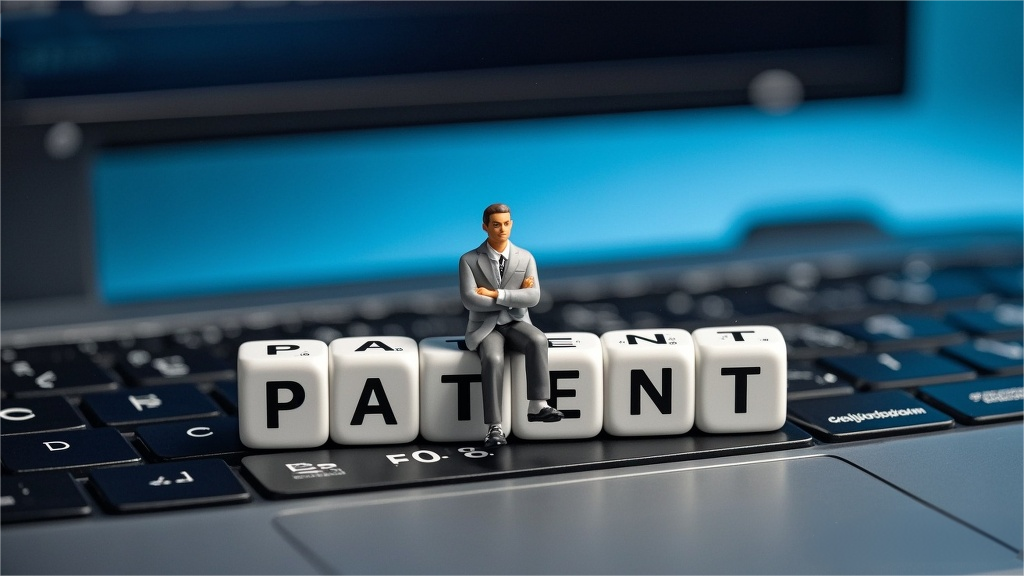 jimeng-2025-08-26-1238-微缩场景，一个穿休闲装的人偶，双臂交叉，坐在写有黑色粗体 “Patent” 字的....png