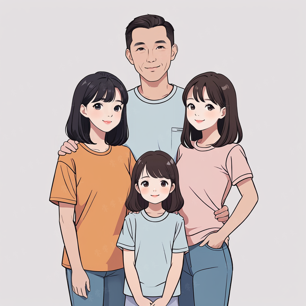 亲子头像一家四口两姐妹的日常趣事专属手绘卡通头像