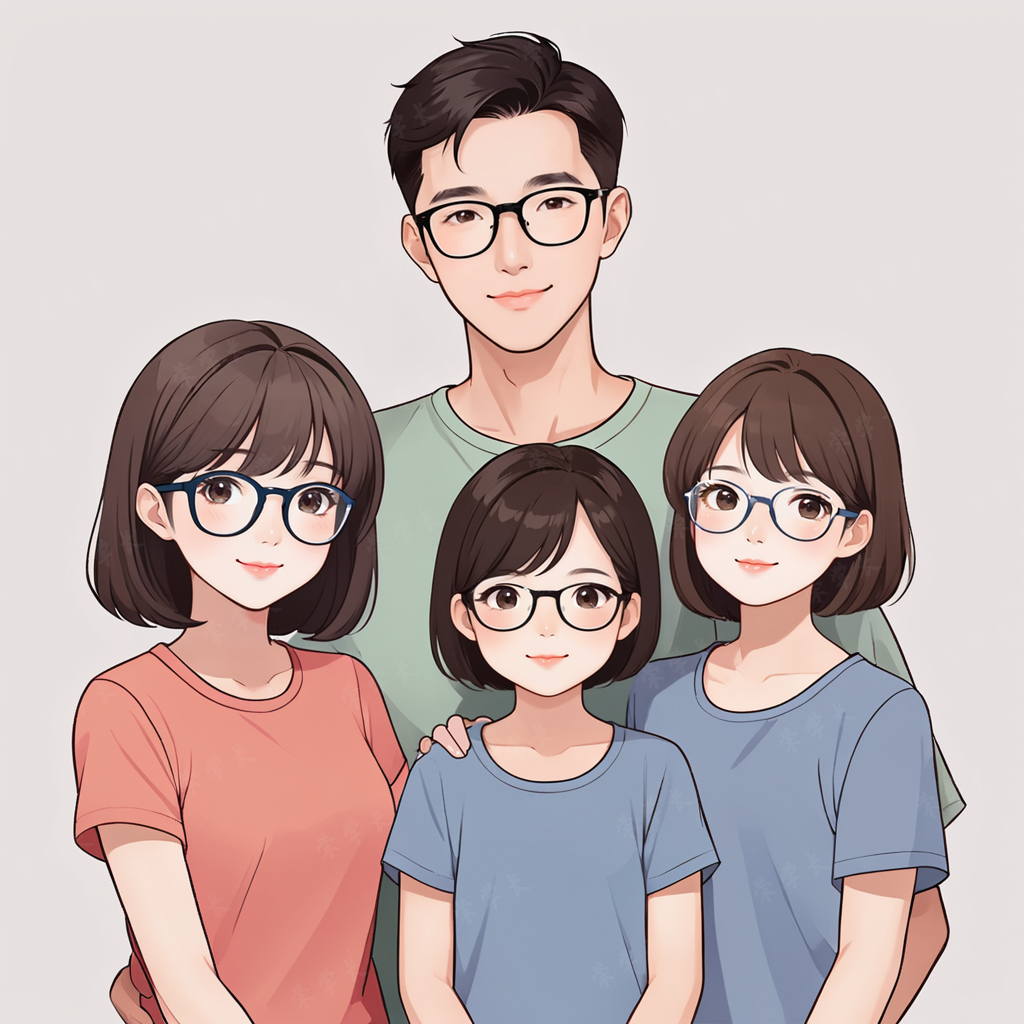亲子头像一家四口两姐妹的日常趣事专属手绘卡通头像