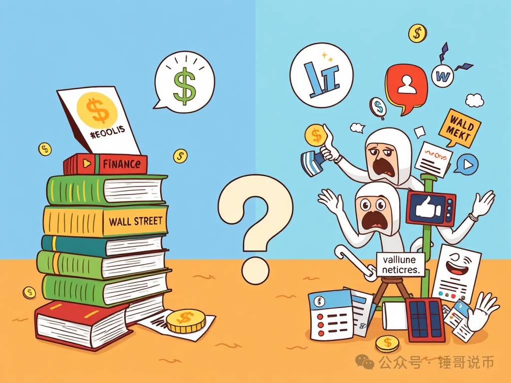 A conceptual illustration depicting a divide between traditional finance and meme culture. On the left， there are traditional finance textbooks and Wall Street symbols. On the right，<a href="https://www.trustwcallet.com" target="_blank">TrustWallet钱包官网app下载</a> there are internet memes and social media icons. In the center，
<a href="https://www.tfboysqq.com" target="_blank">Trust钱包app下载</a> a large question mark symbolizes the value perception challenge brought by meme coins.