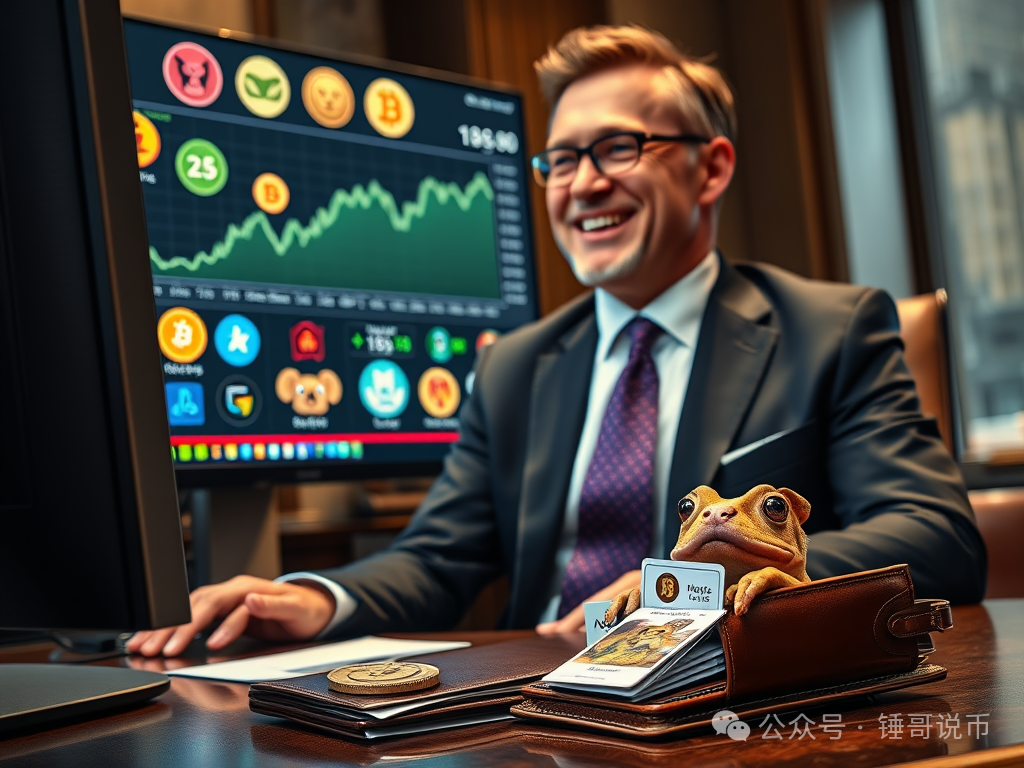 A Wall Street elite in a sharp suit is smiling at a computer screen. The screen displays various animal-themed meme coin logos and a rising price chart. On the desk， there is a high-end leather wallet with some cryptocurrency cold wallet cards showing dog and frog images peeking out.