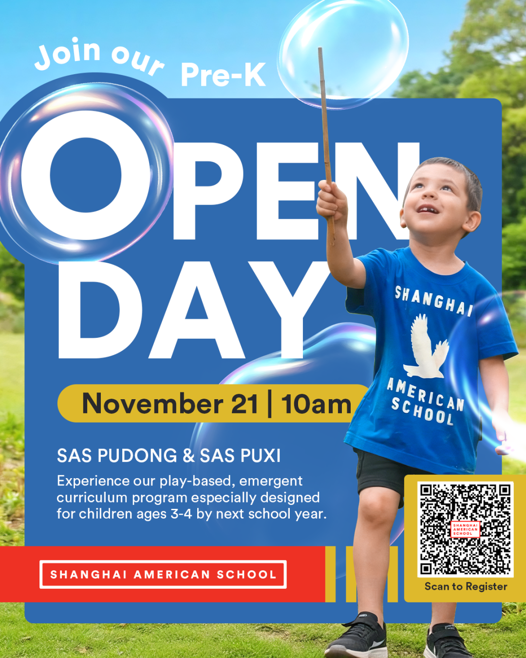 Shanghai American School Pre-K Open Day on Nov 21 for Ages 3-4