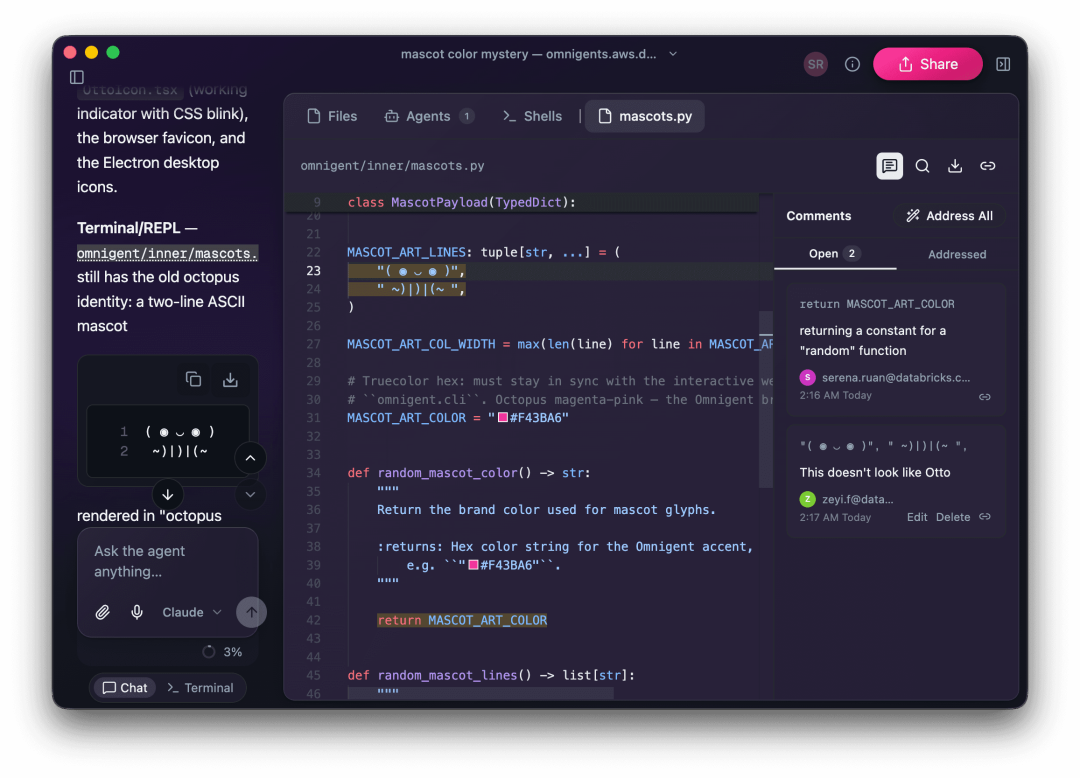 Omnigent web UI showing a shared session with inline comments, an agent chat, and a code editor open side by side.